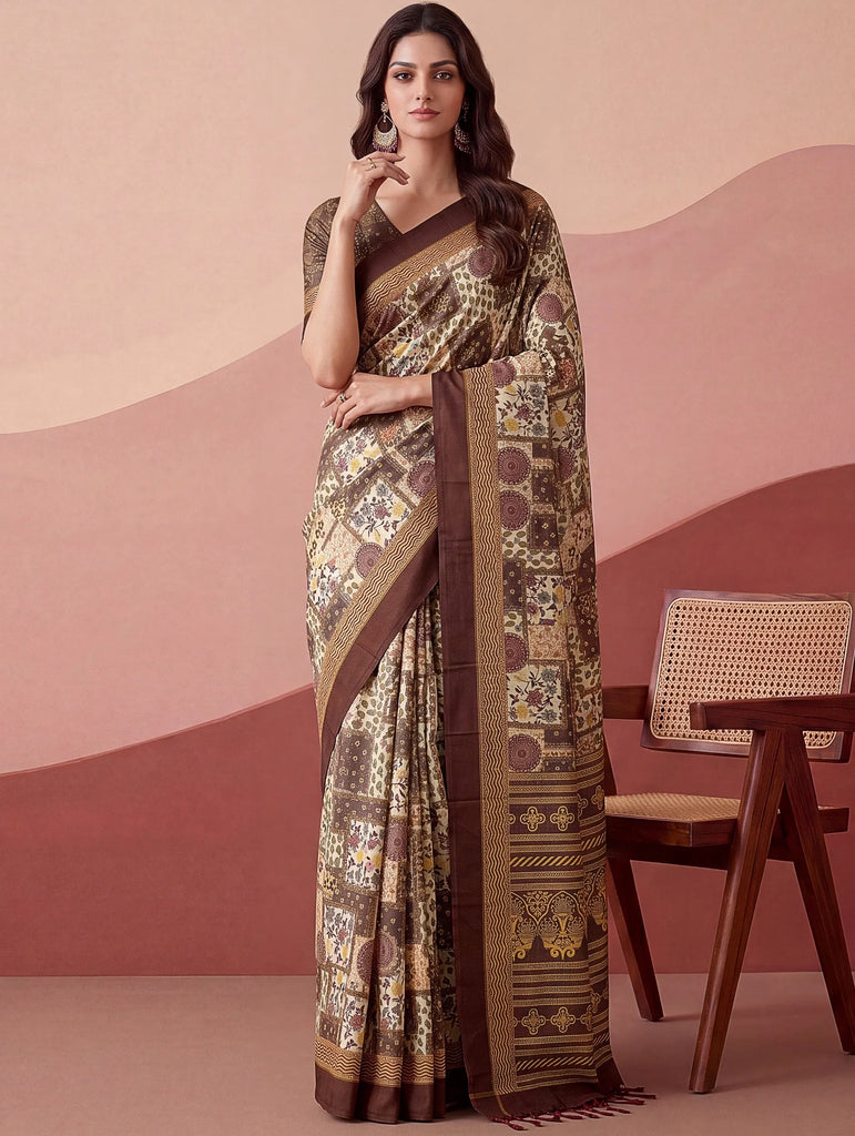 Elegant Brown Digital Printed Silk Casual Wear Saree With Blouse