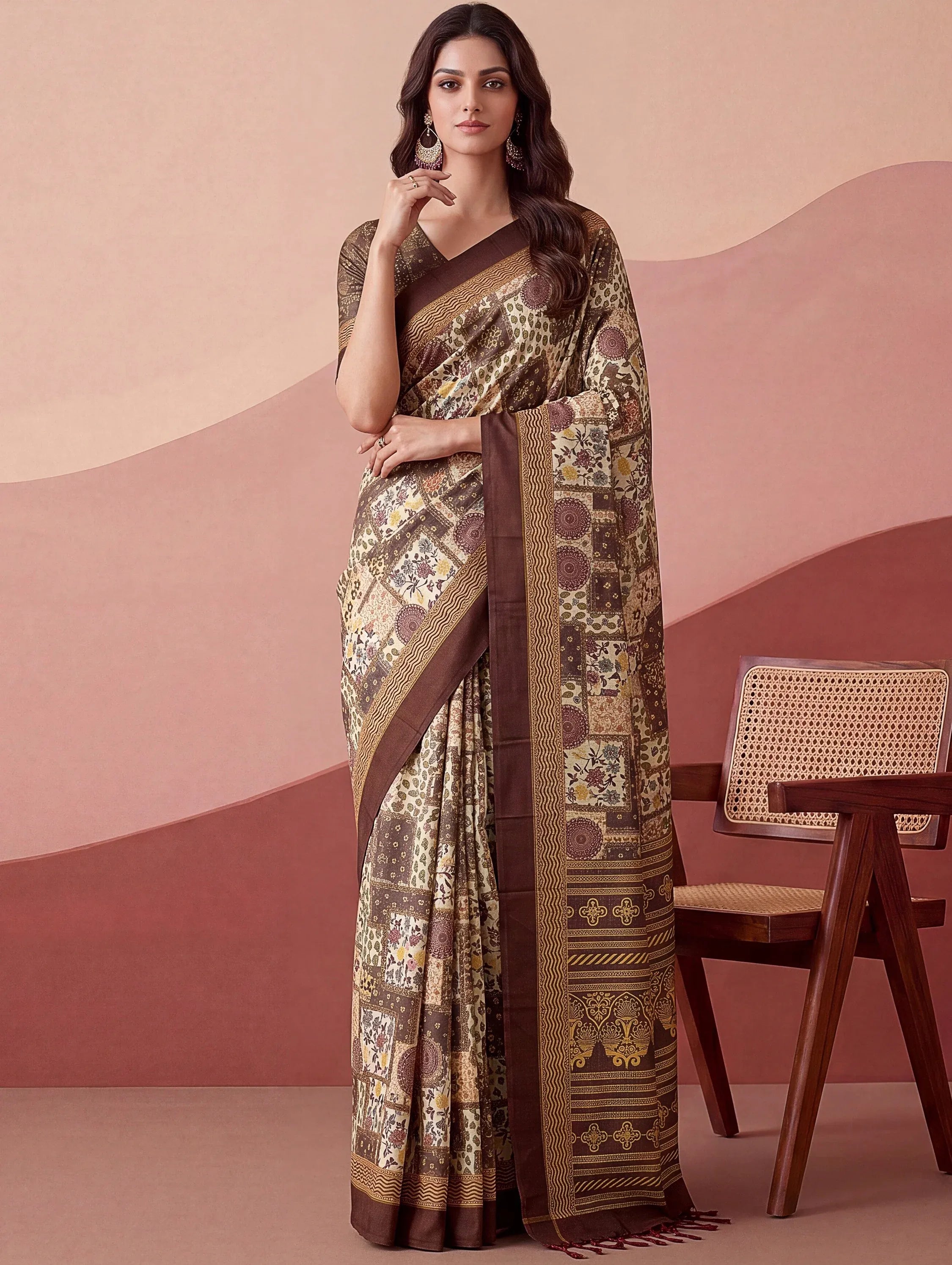 Elegant Brown Digital Printed Silk Casual Wear Saree With Blouse