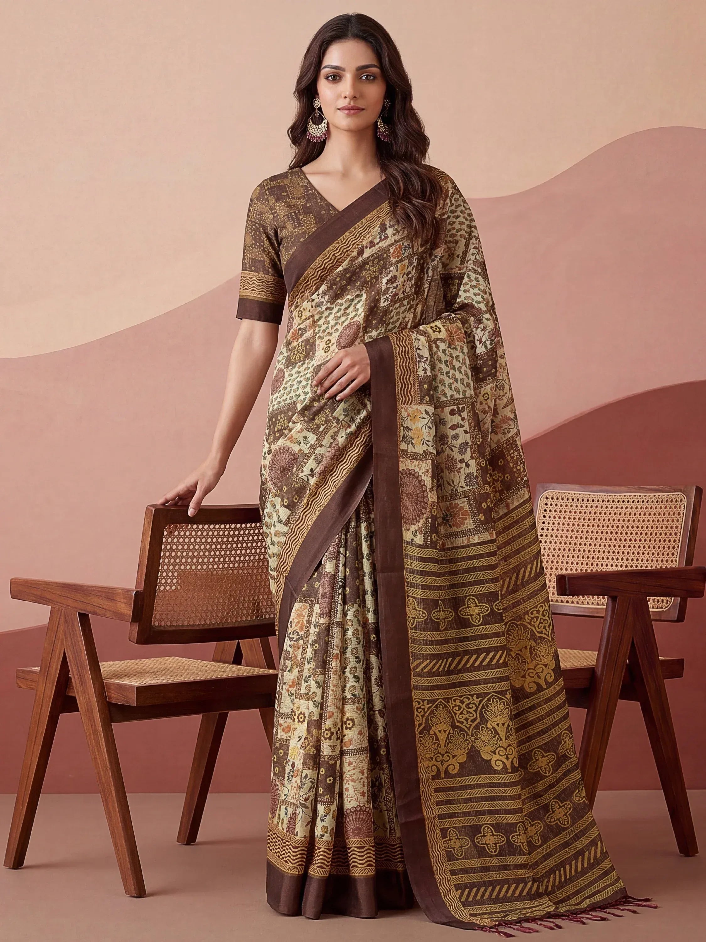 Fantabulous Cream Floral Printed Silk Festive Wear Saree With Blouse