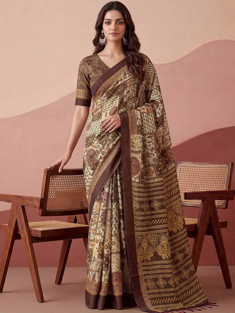 Fantabulous Cream Floral Printed Silk Festive Wear Saree With Blouse