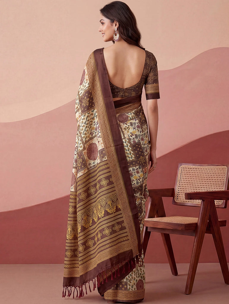 Elegant Brown Digital Printed Silk Casual Wear Saree With Blouse
