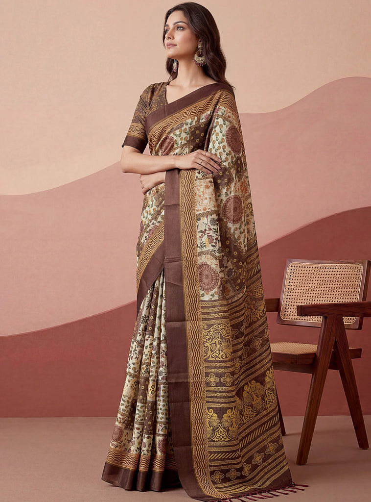 Elegant Brown Digital Printed Silk Casual Wear Saree With Blouse