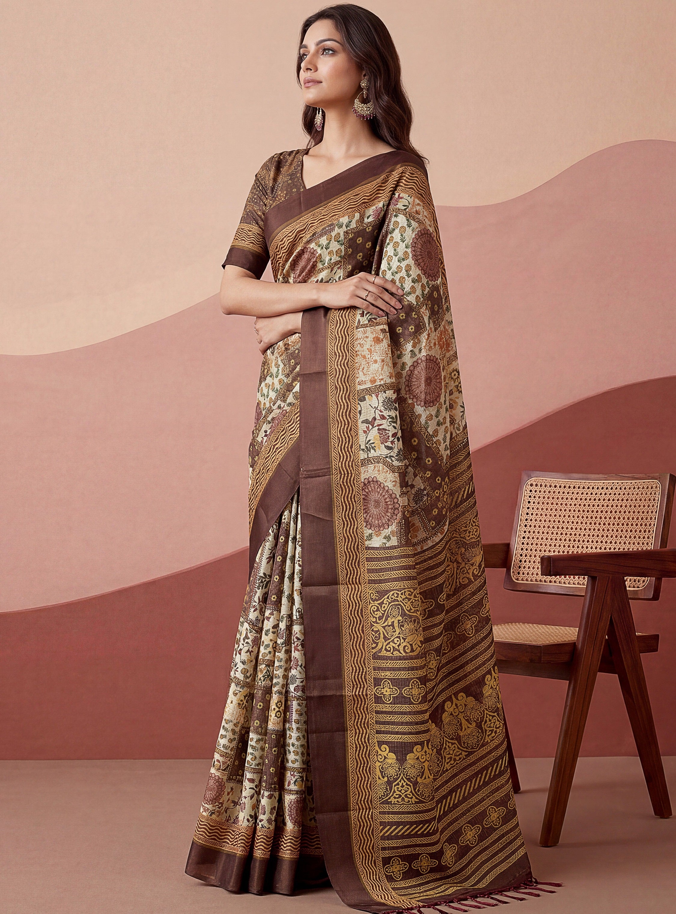Elegant Brown Digital Printed Silk Casual Wear Saree With Blouse