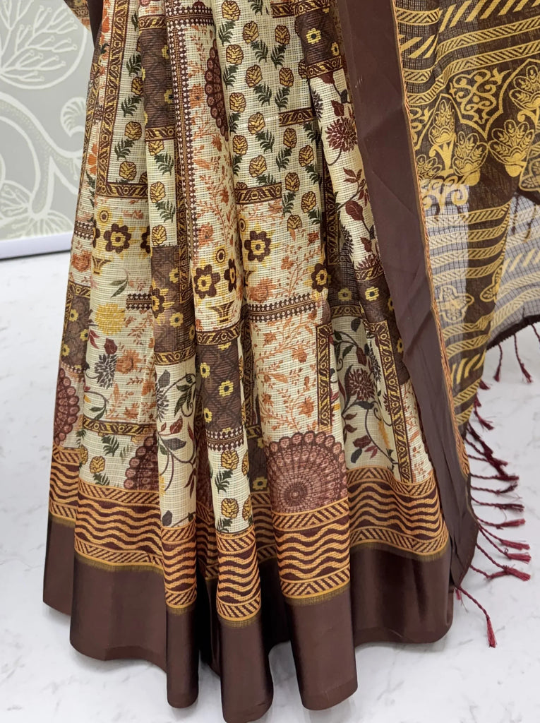 Fantabulous Cream Floral Printed Silk Festive Wear Saree With Blouse
