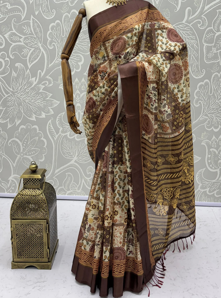 Elegant Brown Digital Printed Silk Casual Wear Saree With Blouse