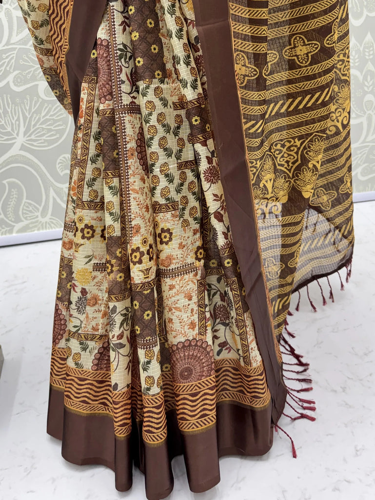 Elegant Brown Digital Printed Silk Casual Wear Saree With Blouse
