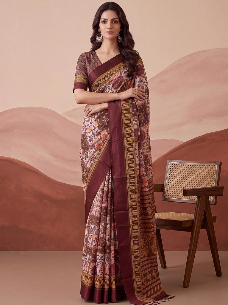 Mesmerizing Pink Floral Printed Silk Marriage Wear Saree With Blouse