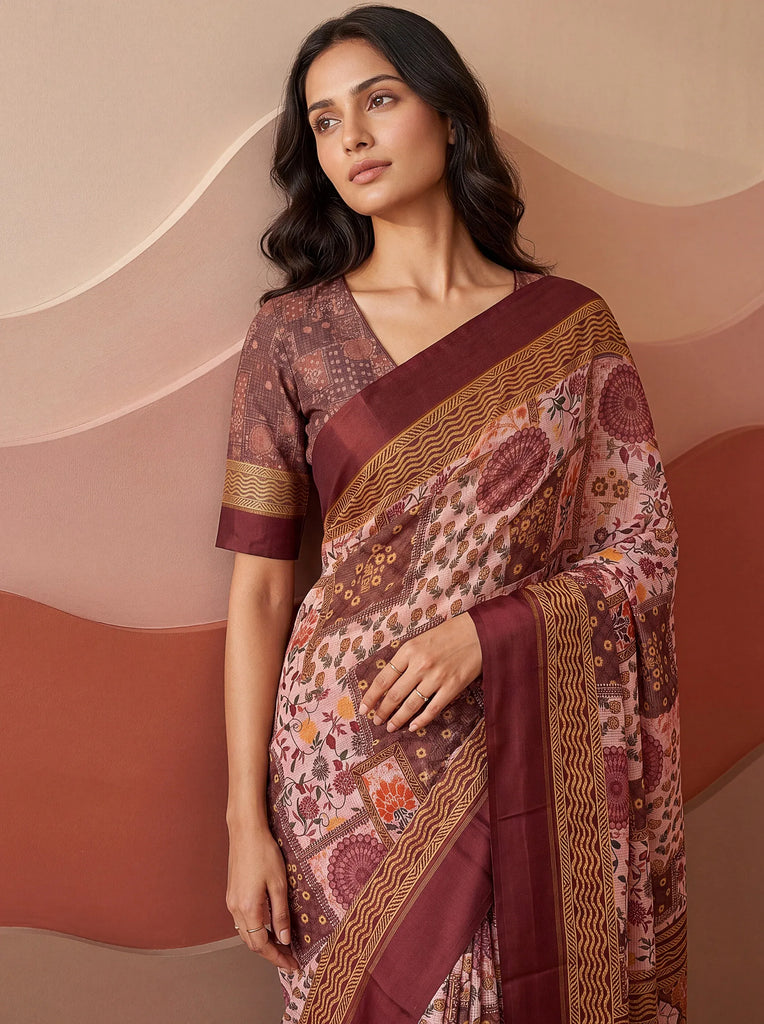 Mesmerizing Pink Floral Printed Silk Marriage Wear Saree With Blouse
