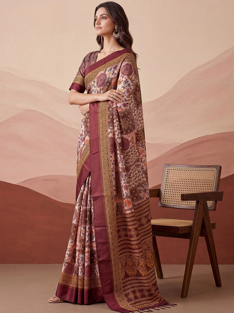 Mesmerizing Pink Floral Printed Silk Marriage Wear Saree With Blouse