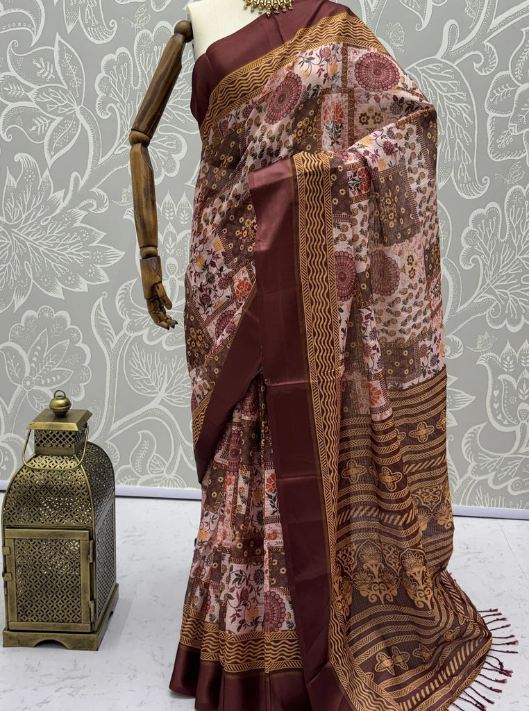 Mesmerizing Pink Floral Printed Silk Marriage Wear Saree With Blouse