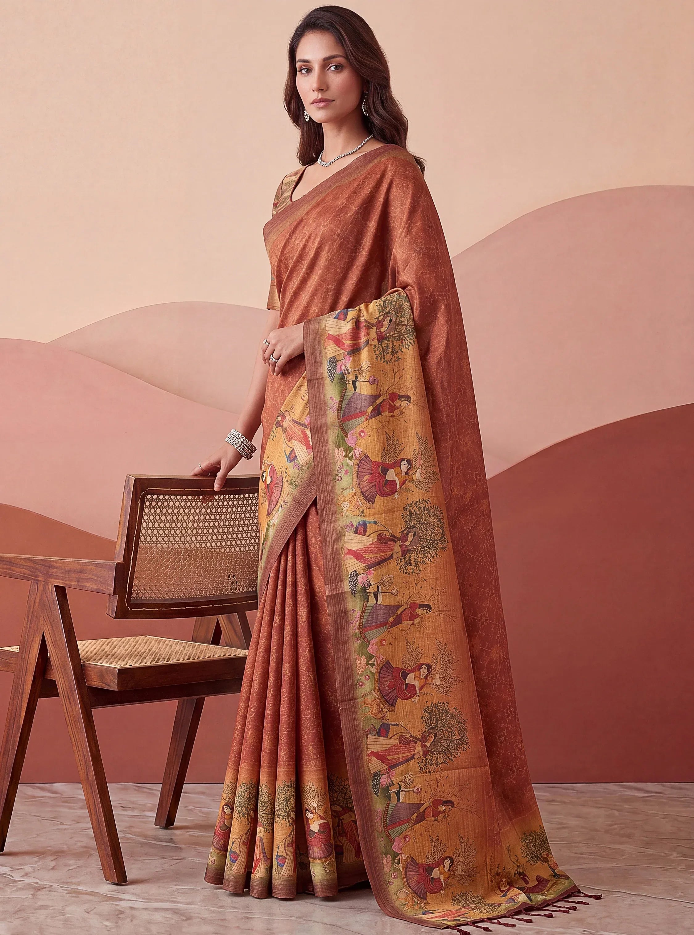 Classic Coral Red Digital Printed Silk Casual Wear Saree With Blouse