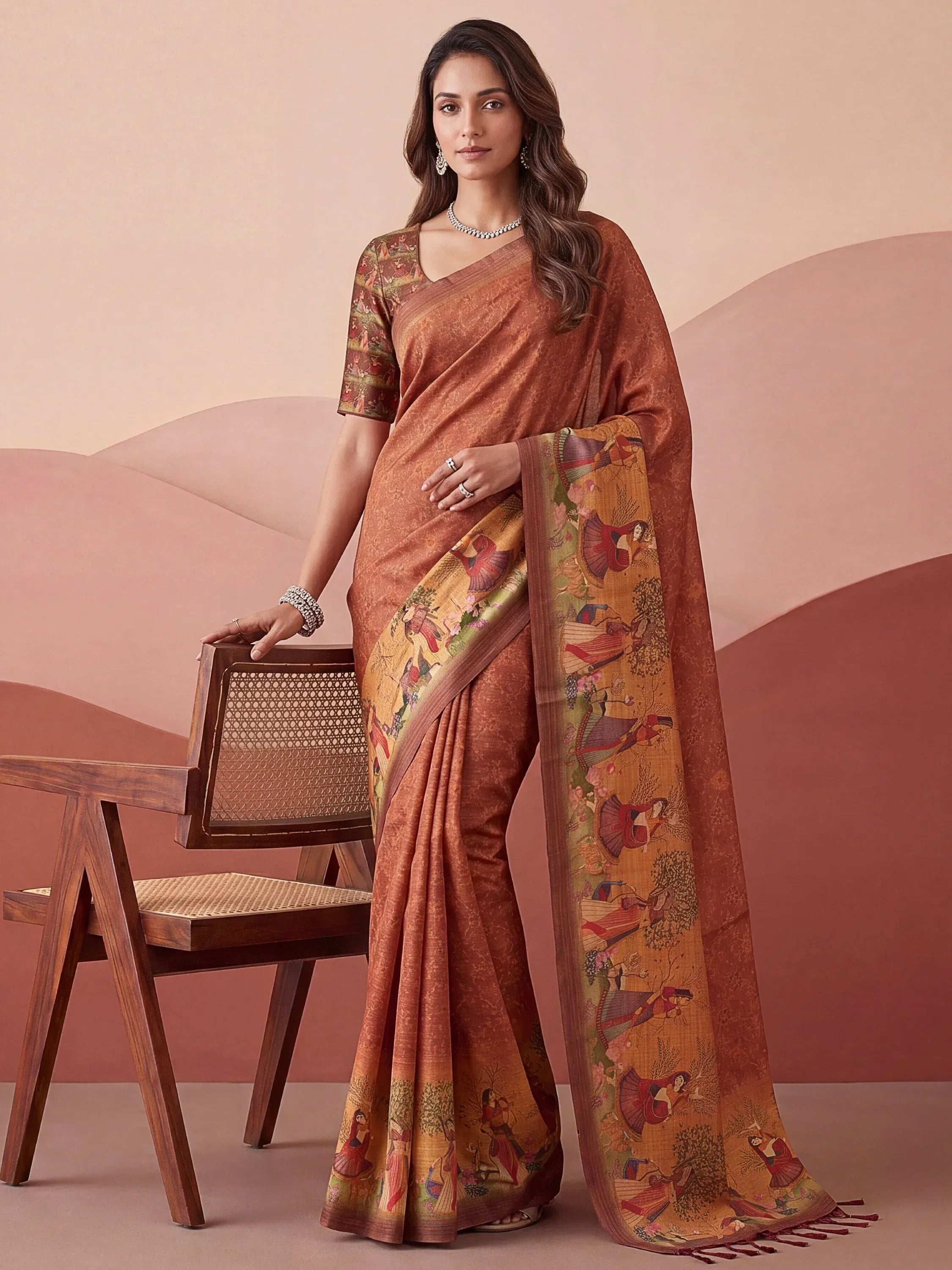 Classic Coral Red Digital Printed Silk Casual Wear Saree With Blouse