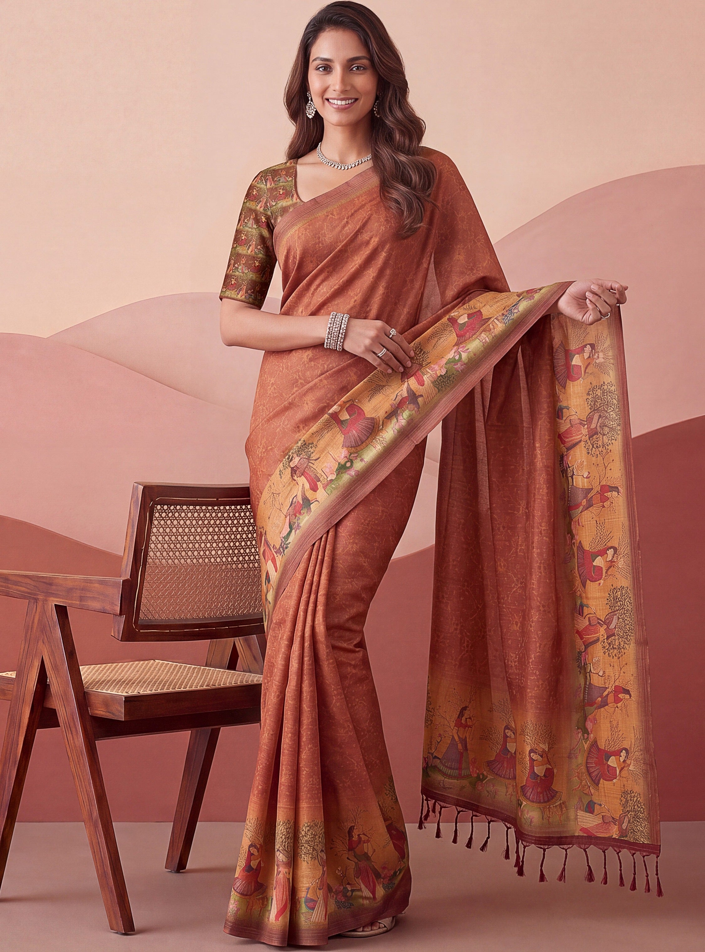 Classic Coral Red Digital Printed Silk Casual Wear Saree With Blouse
