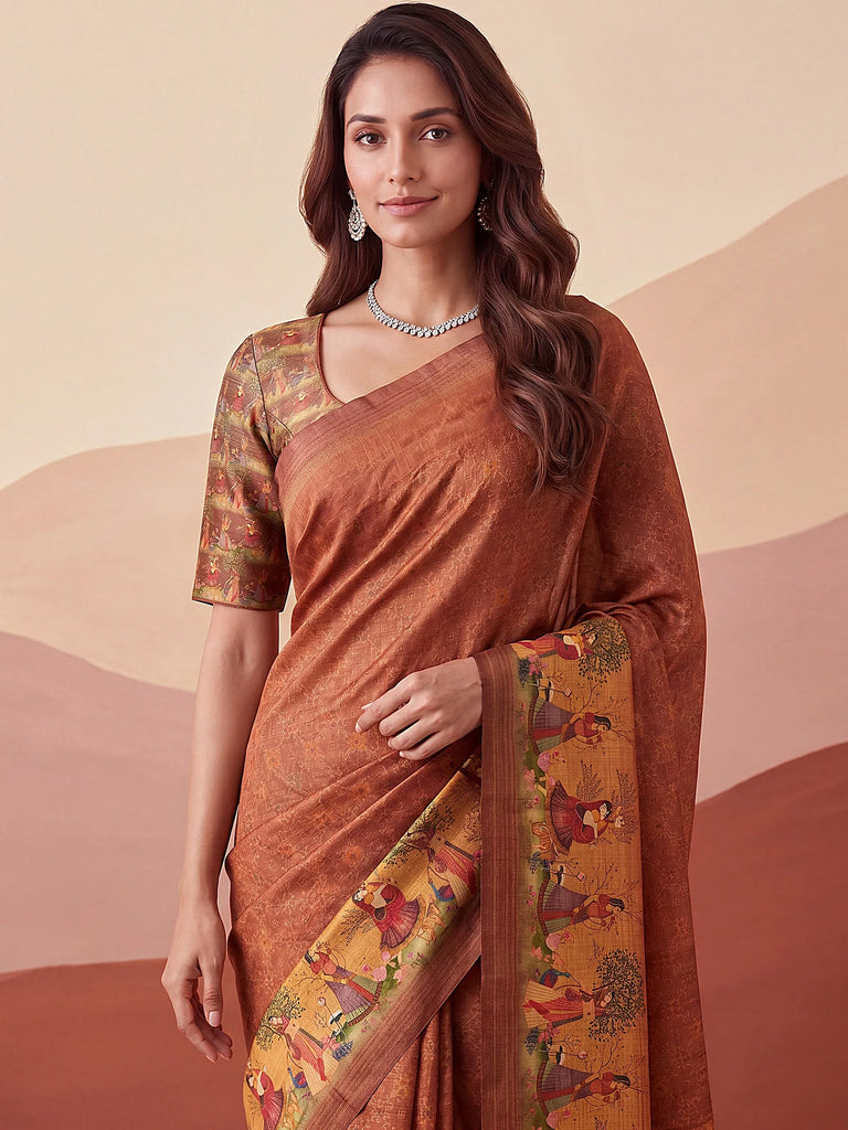 Classic Coral Red Digital Printed Silk Casual Wear Saree With Blouse