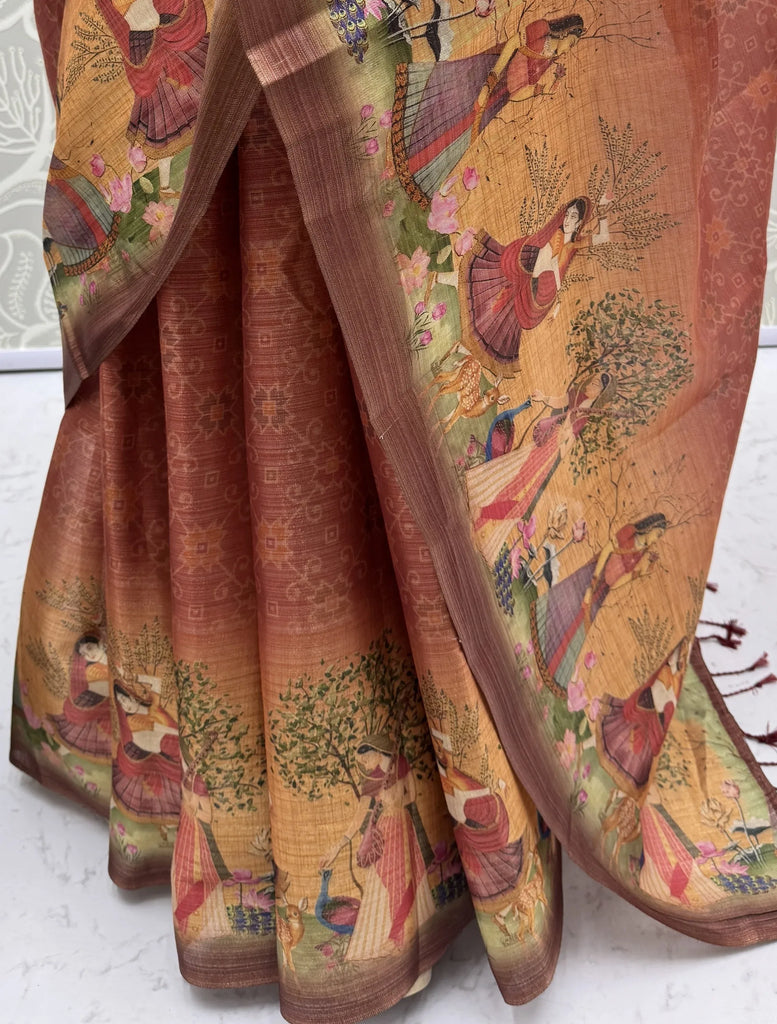Classic Coral Red Digital Printed Silk Casual Wear Saree With Blouse