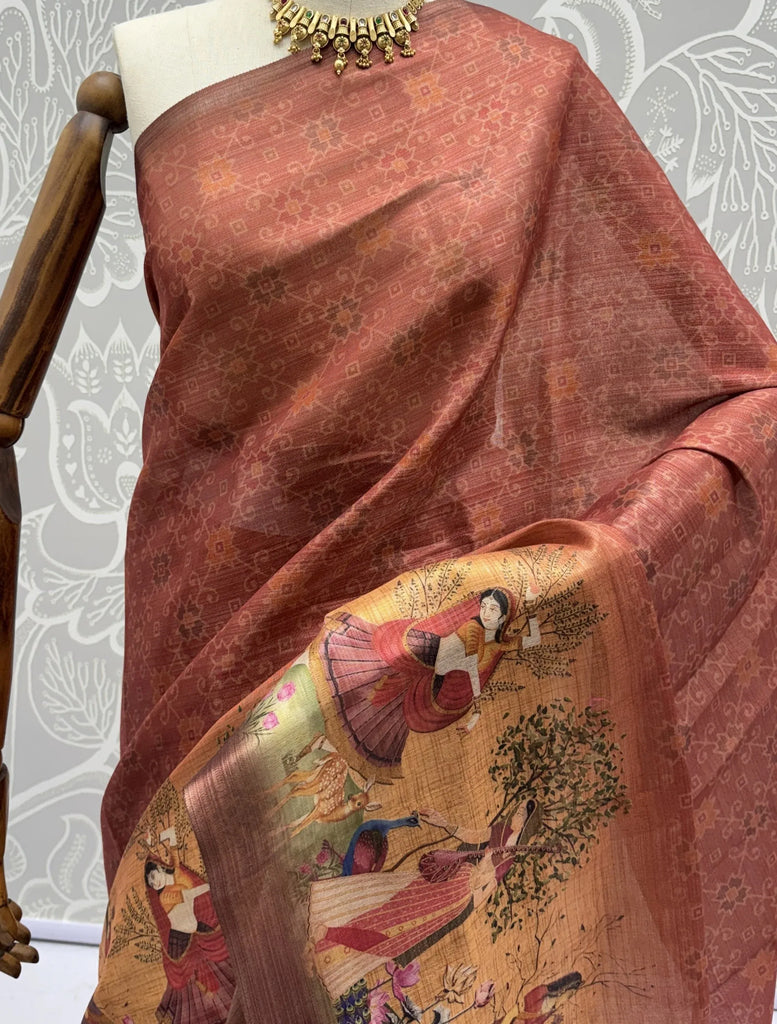 Classic Coral Red Digital Printed Silk Casual Wear Saree With Blouse