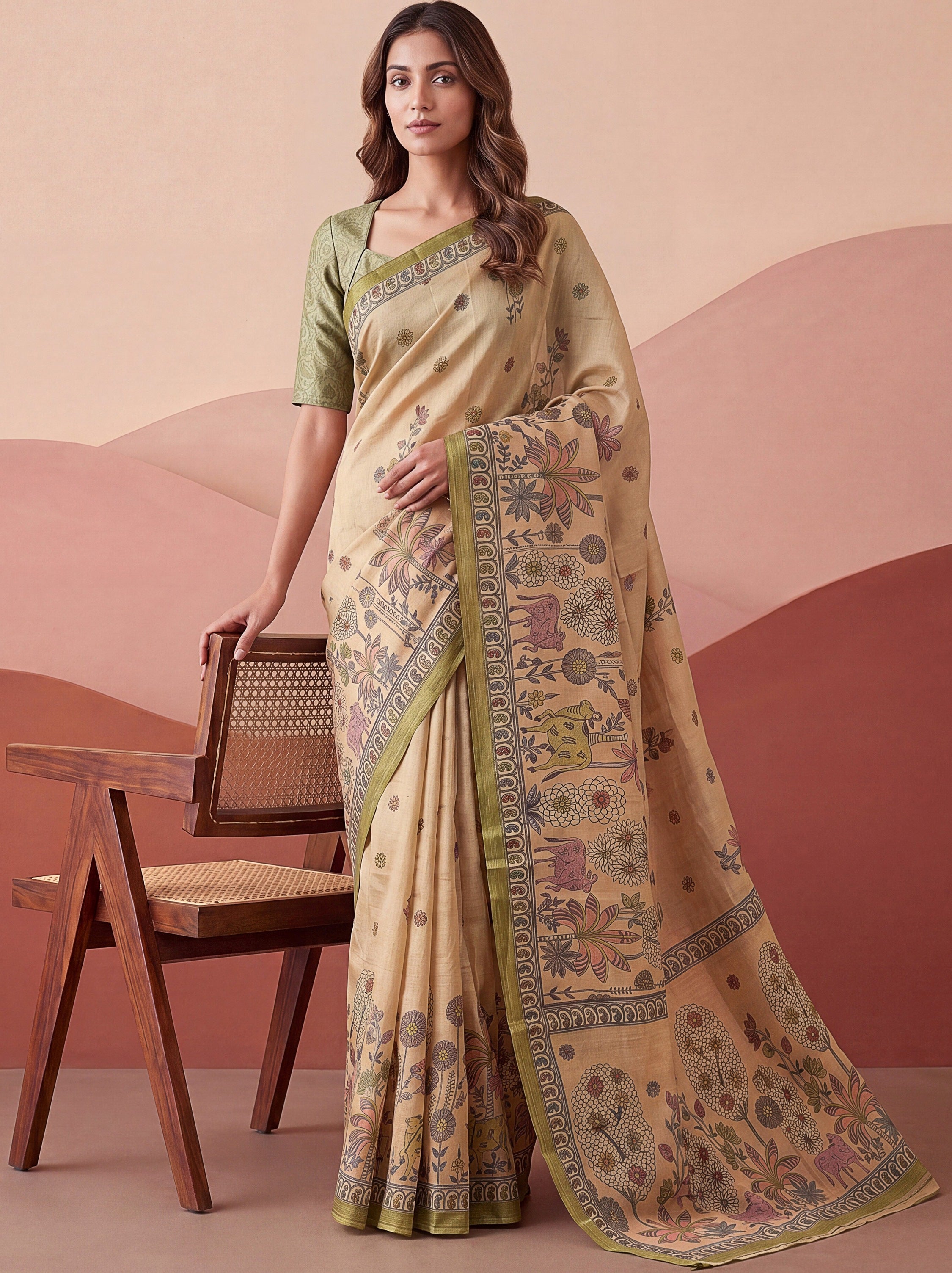 Attractive Beige Floral Printed Silk Office Wear Saree With Blouse
