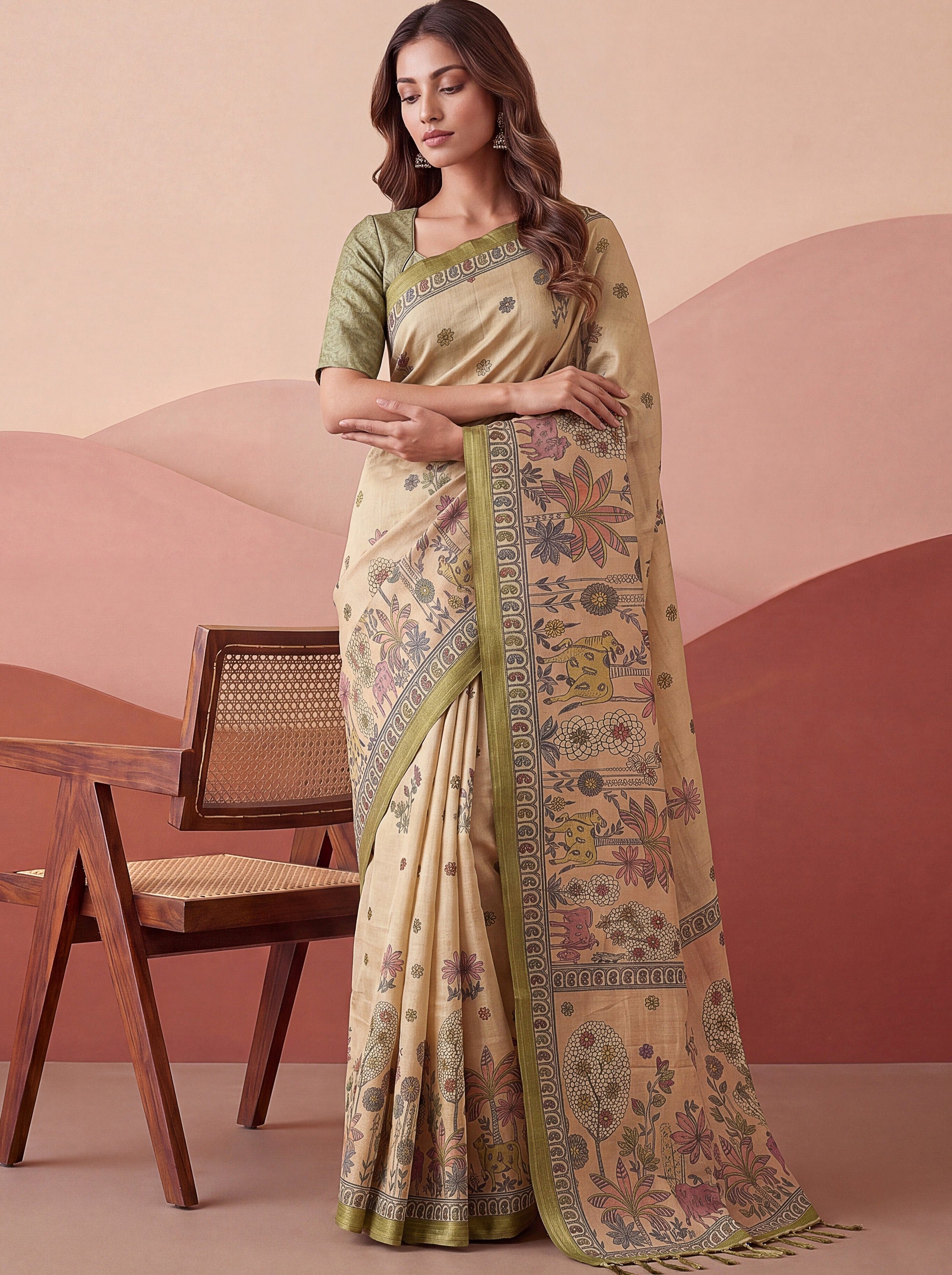 Attractive Beige Floral Printed Silk Office Wear Saree With Blouse