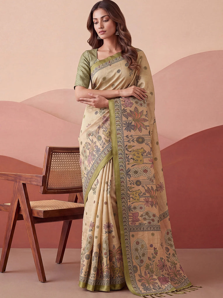 Attractive Beige Floral Printed Silk Office Wear Saree With Blouse