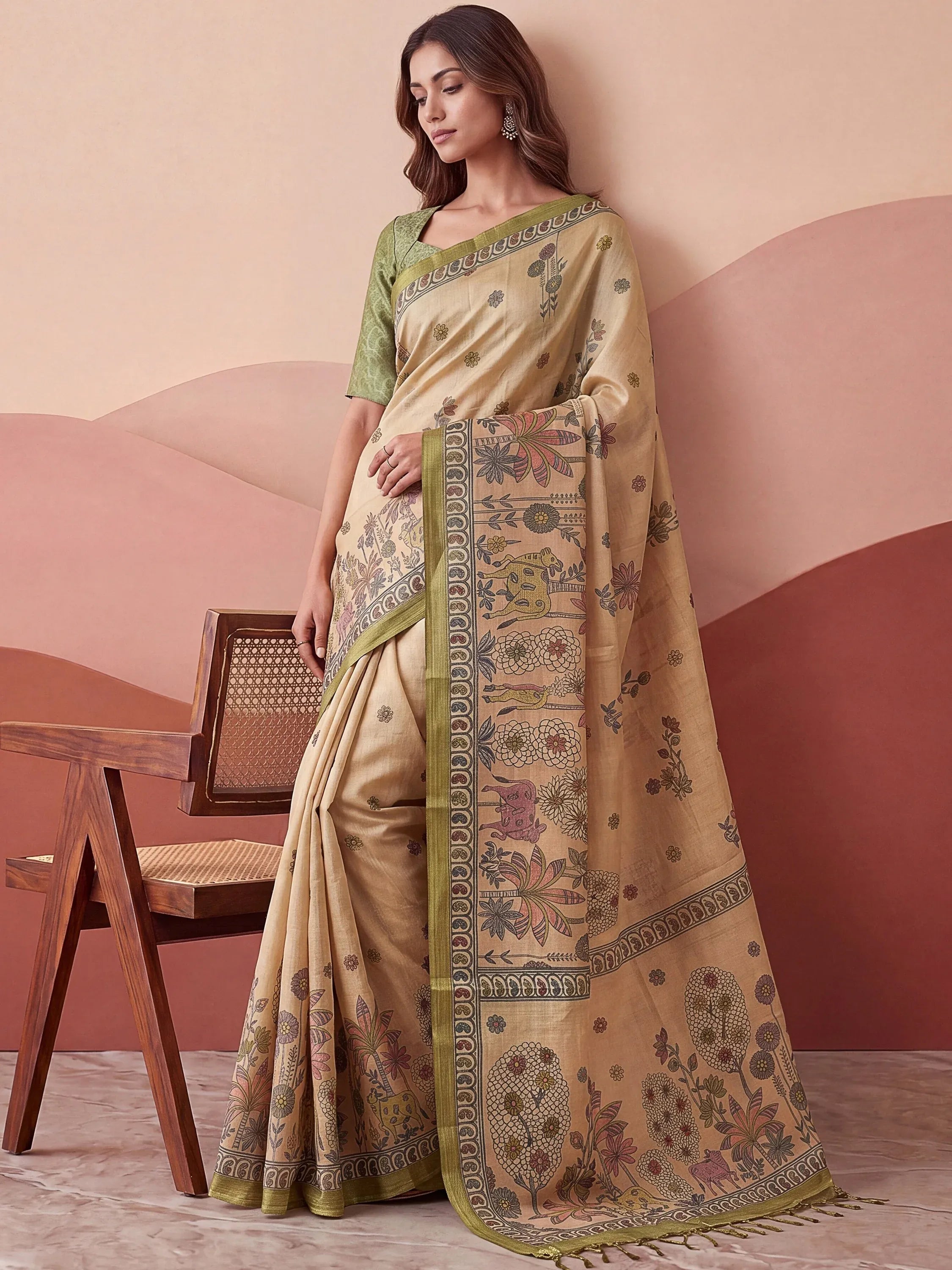 Attractive Beige Floral Printed Silk Office Wear Saree With Blouse