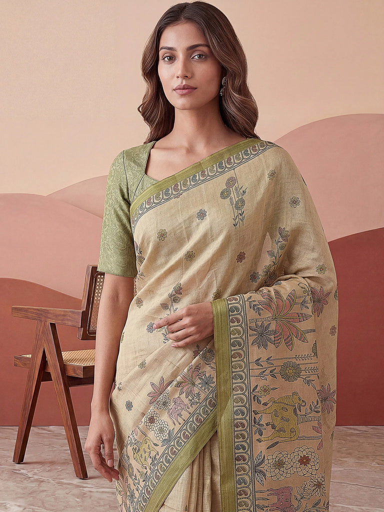 Attractive Beige Floral Printed Silk Office Wear Saree With Blouse