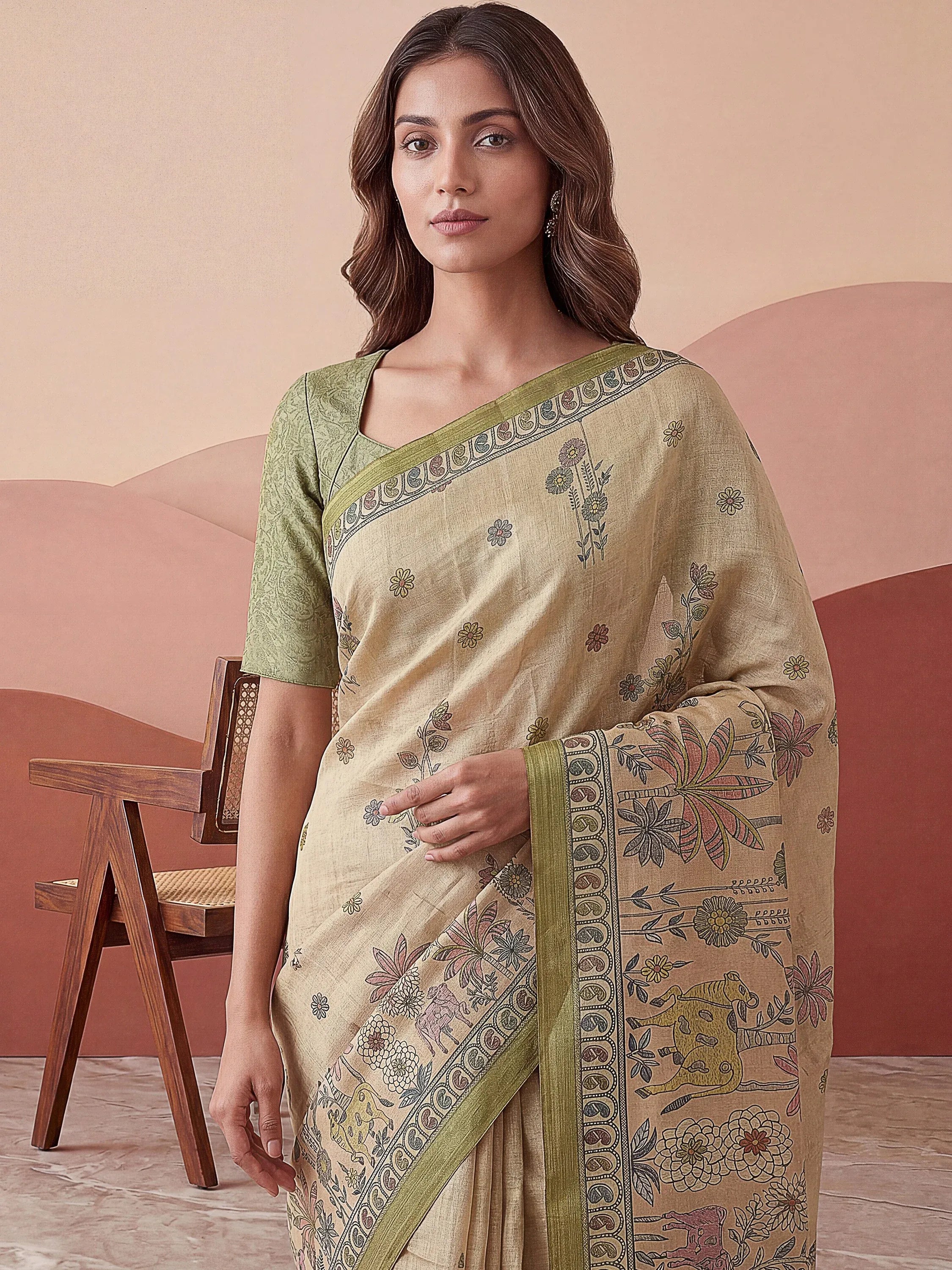 Attractive Beige Floral Printed Silk Office Wear Saree With Blouse