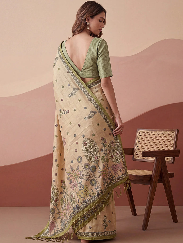 Attractive Beige Floral Printed Silk Office Wear Saree With Blouse