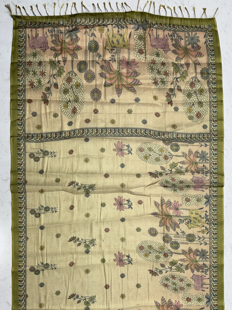 Attractive Beige Floral Printed Silk Office Wear Saree With Blouse