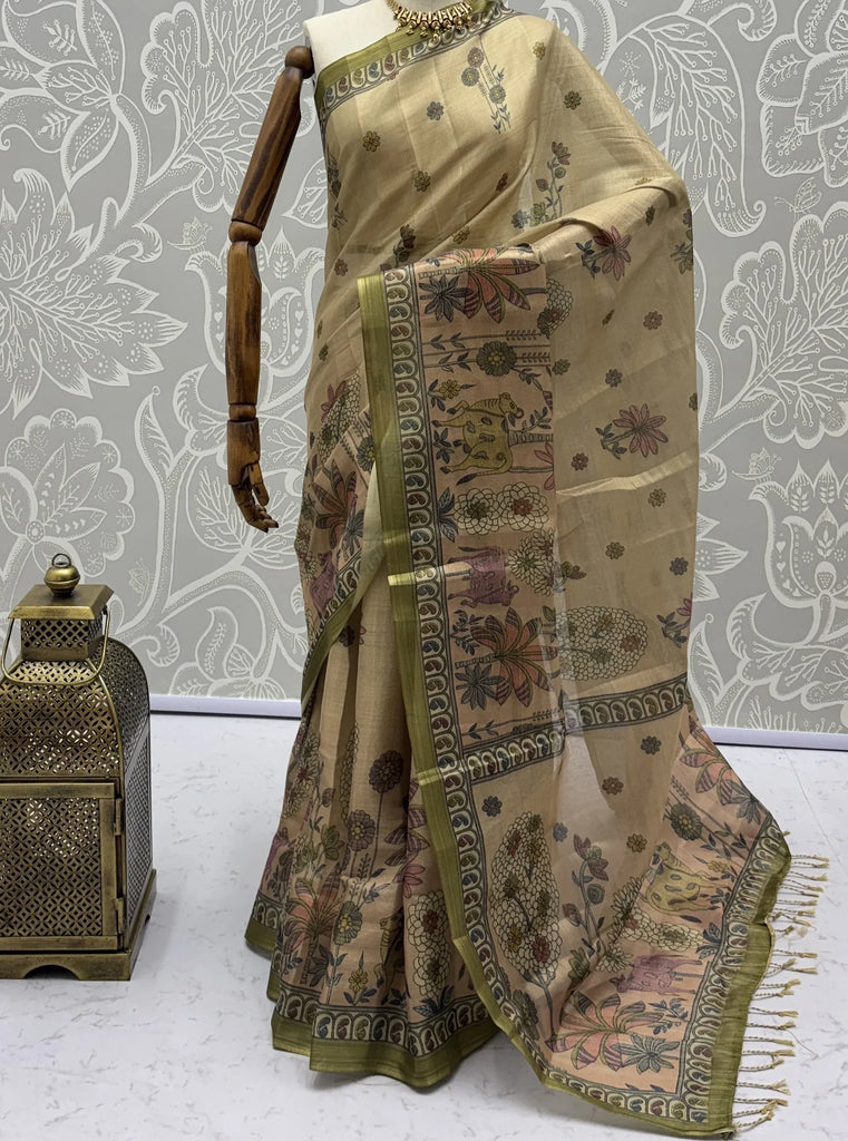 Attractive Beige Floral Printed Silk Office Wear Saree With Blouse