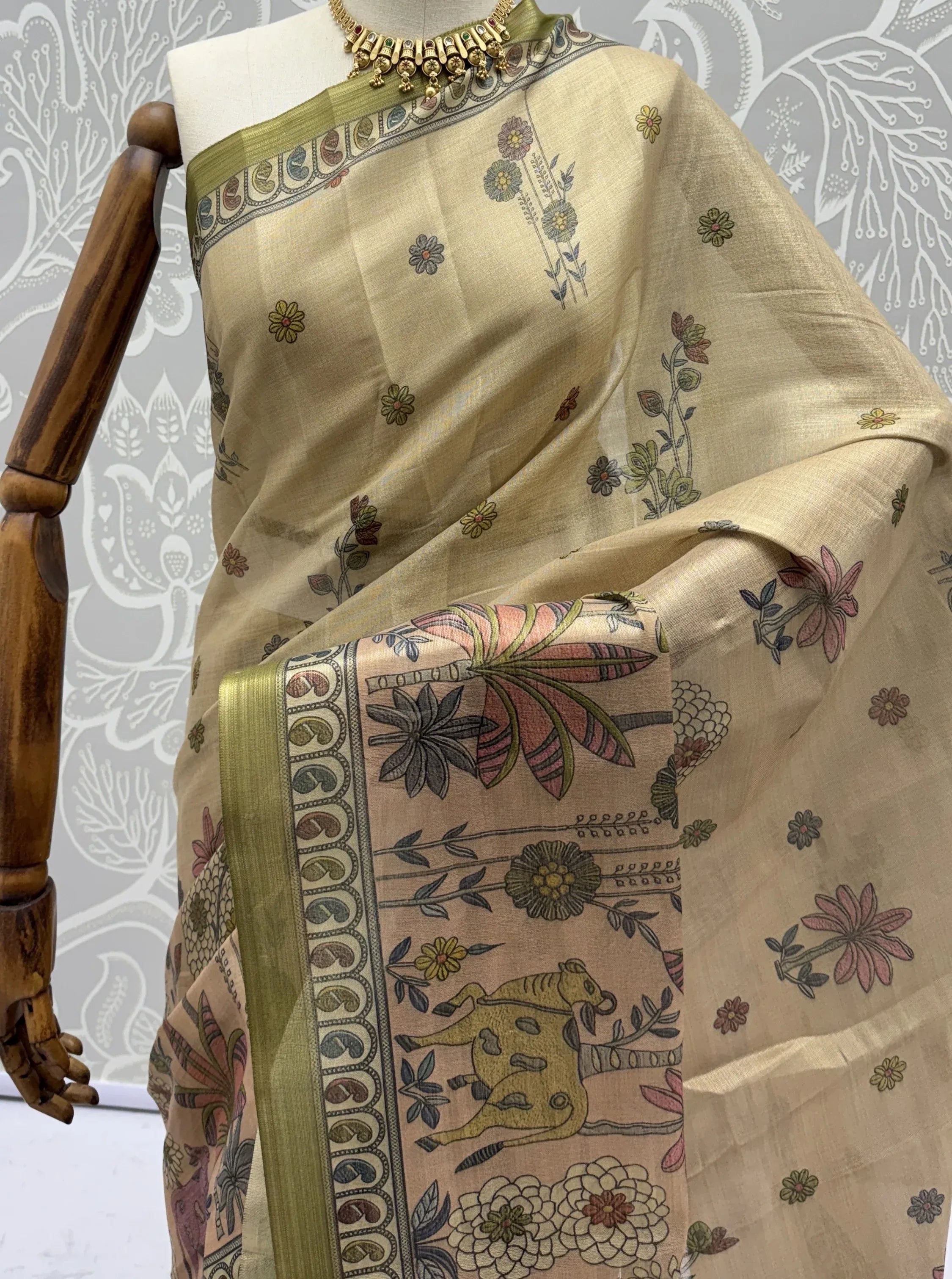 Attractive Beige Floral Printed Silk Office Wear Saree With Blouse
