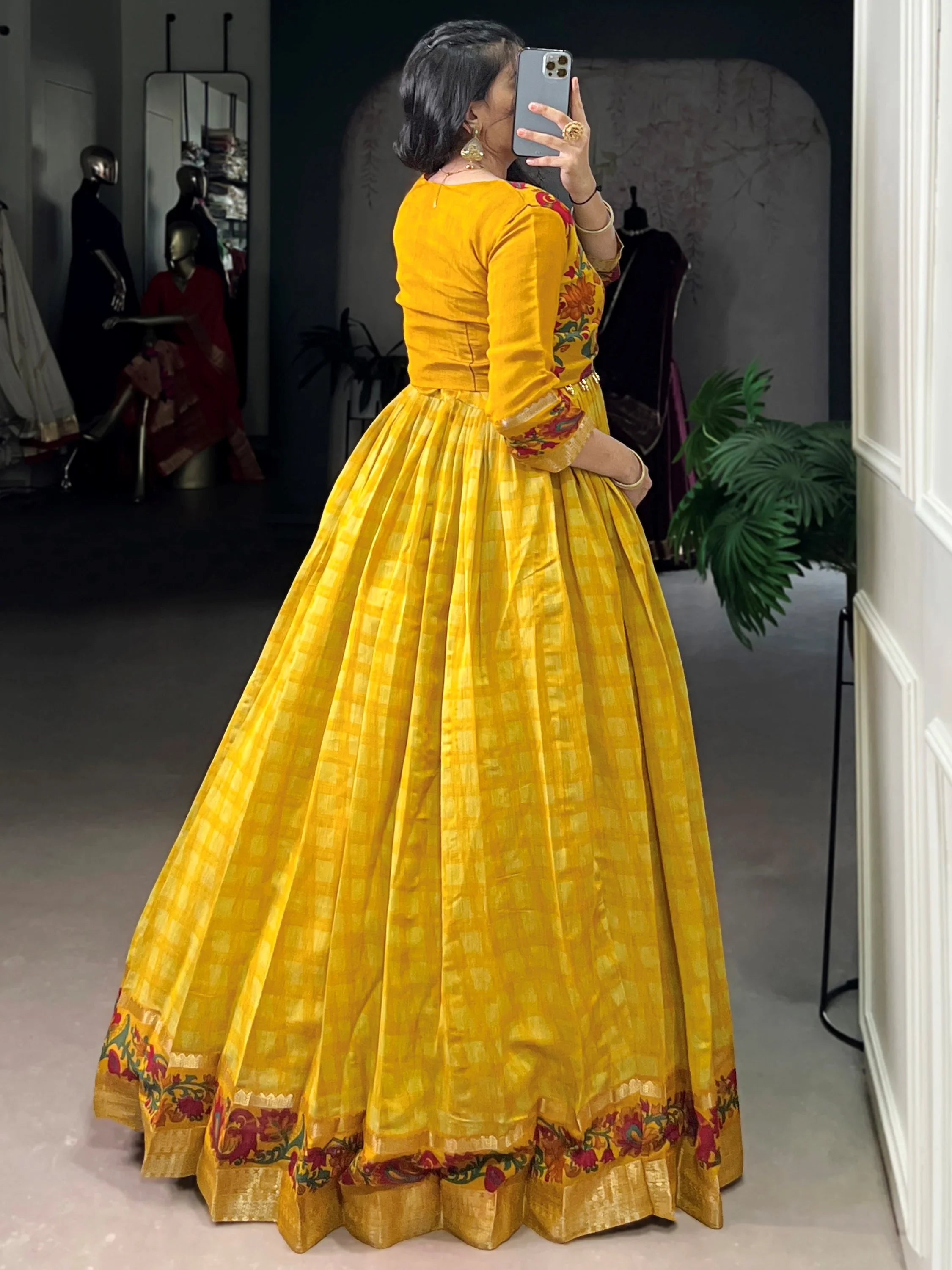 mustard yellow dress for haldi Get Rich Mustard Yellow Zari Weaving Gown With Koti From Ethnic Plus