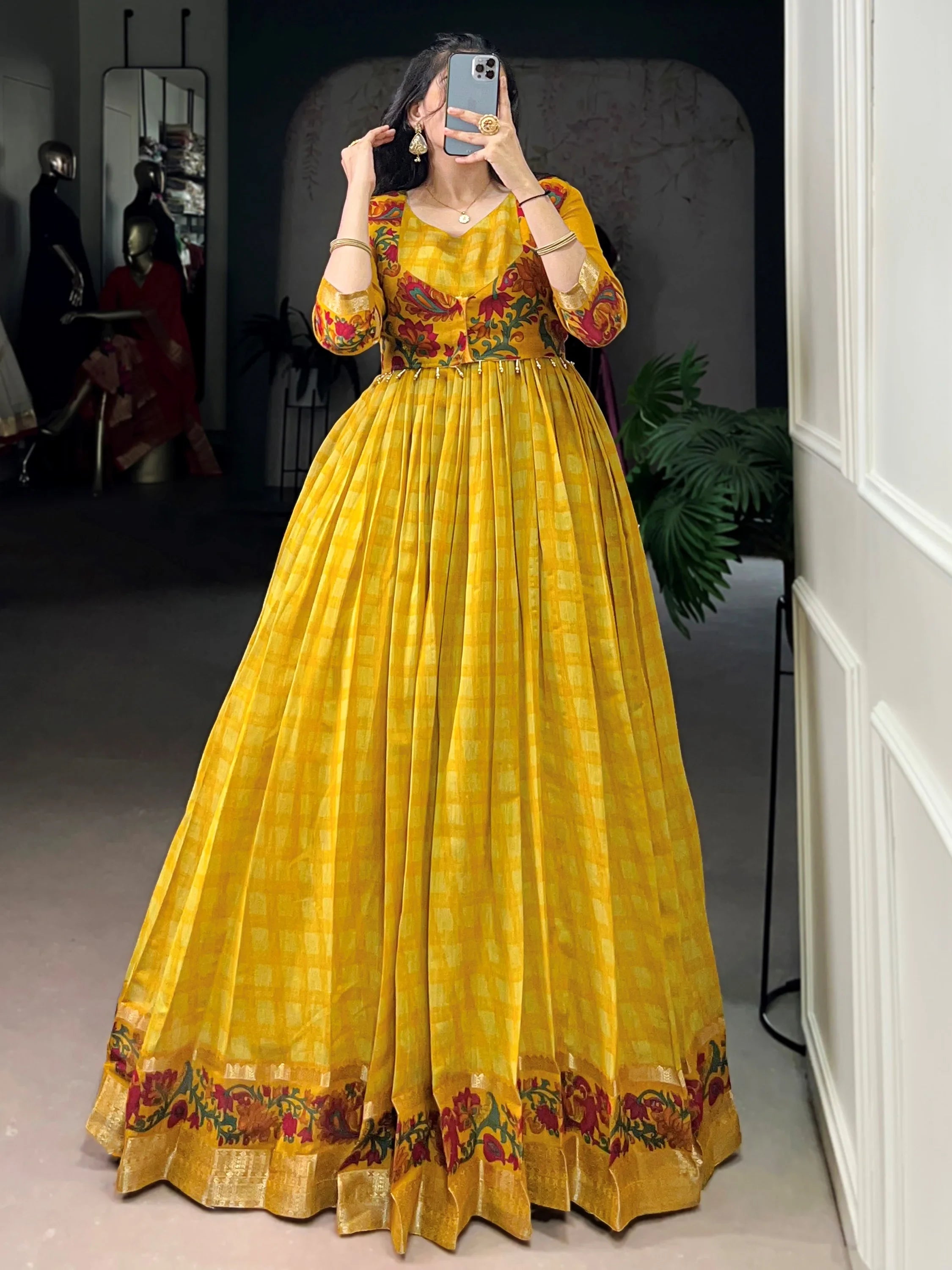 Rich Mustard Yellow Zari Weaving Chanderi Haldi Wear Gown With Koti