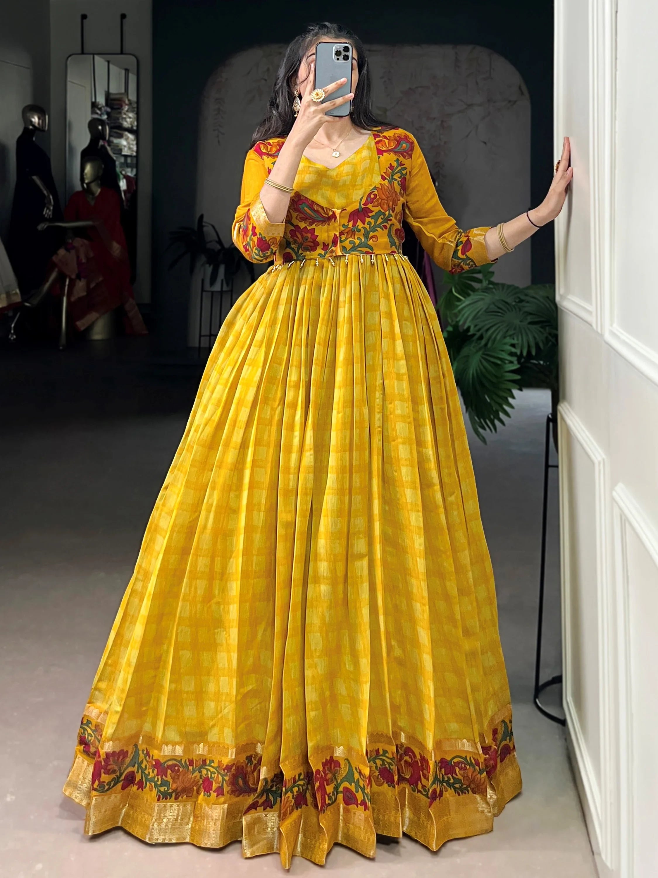 Rich Mustard Yellow Zari Weaving Chanderi Haldi Wear Gown With Koti
