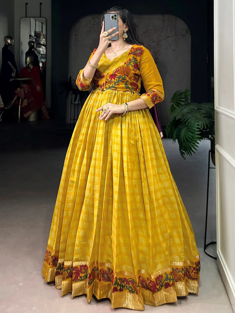 Rich Mustard Yellow Zari Weaving Chanderi Haldi Wear Gown With Koti