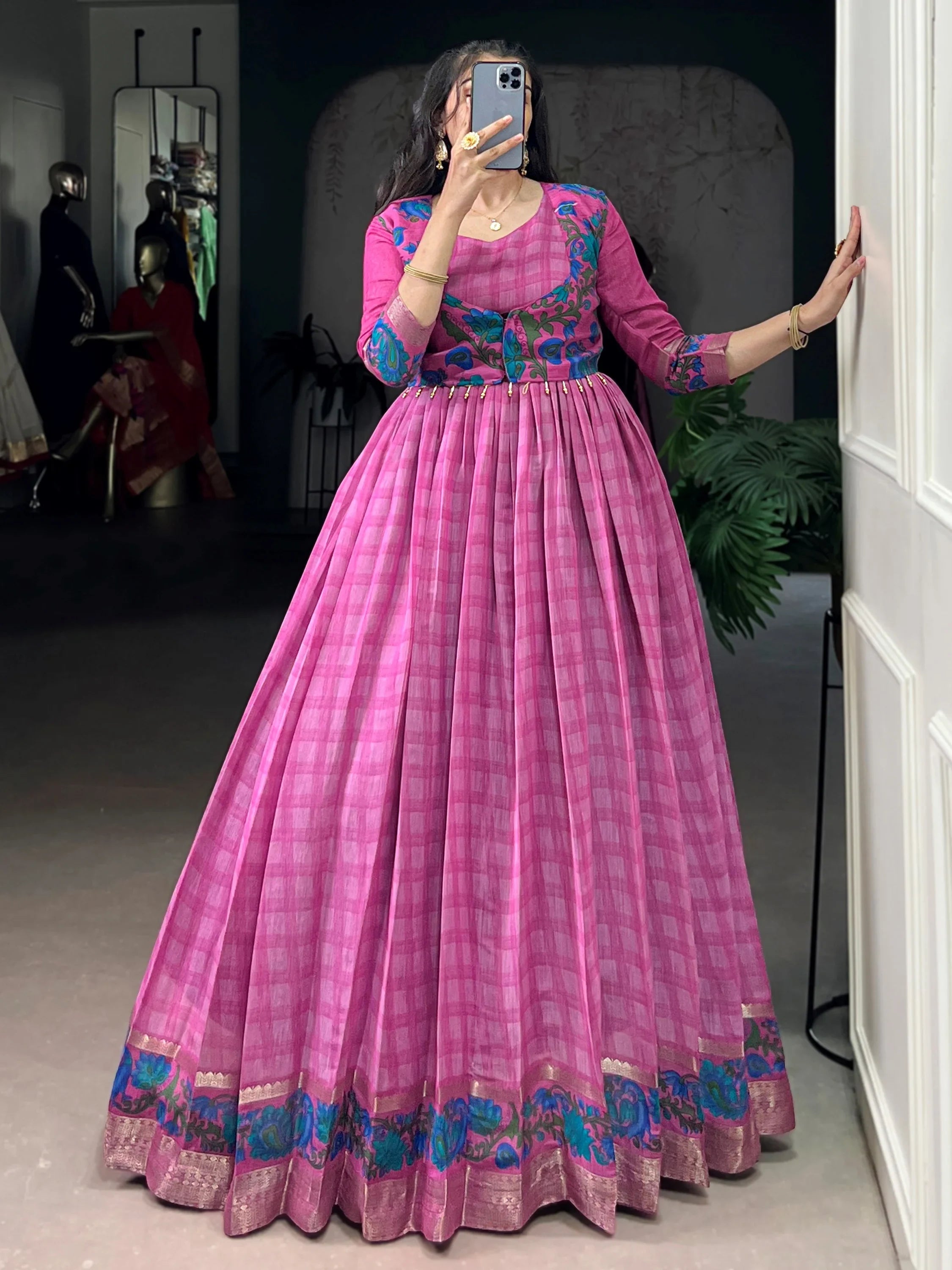 Glowing Pink Checks Printed Chanderi Traditional Gown With Koti