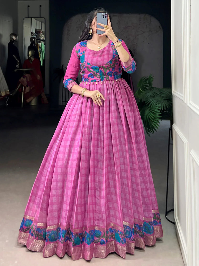 Glowing Pink Checks Printed Chanderi Traditional Gown With Koti