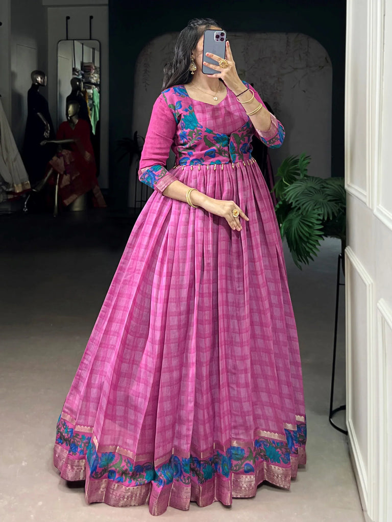 Glowing Pink Checks Printed Chanderi Traditional Gown With Koti