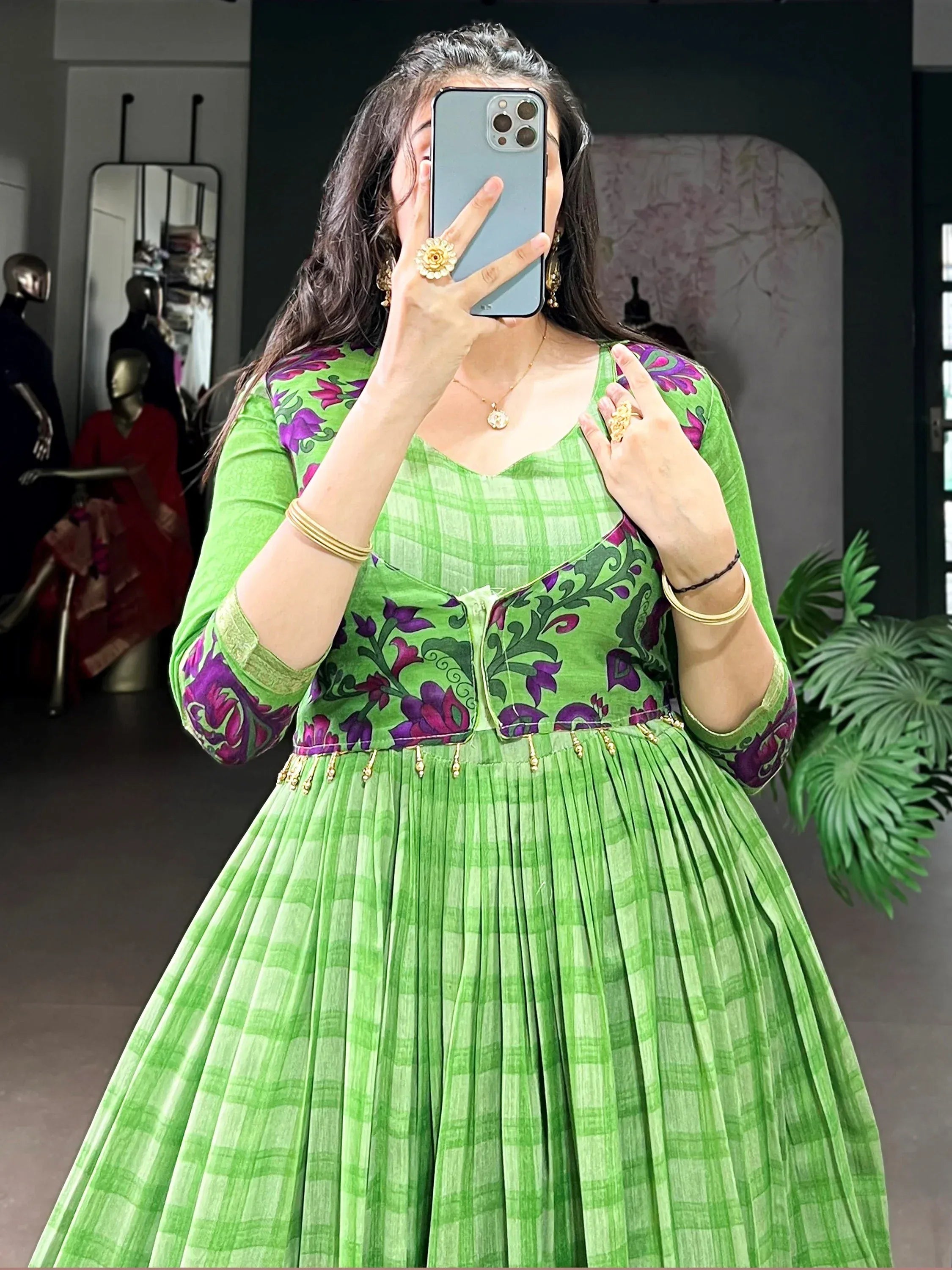 Stunning Green Printed Chanderi Event Wear Gown With Koti