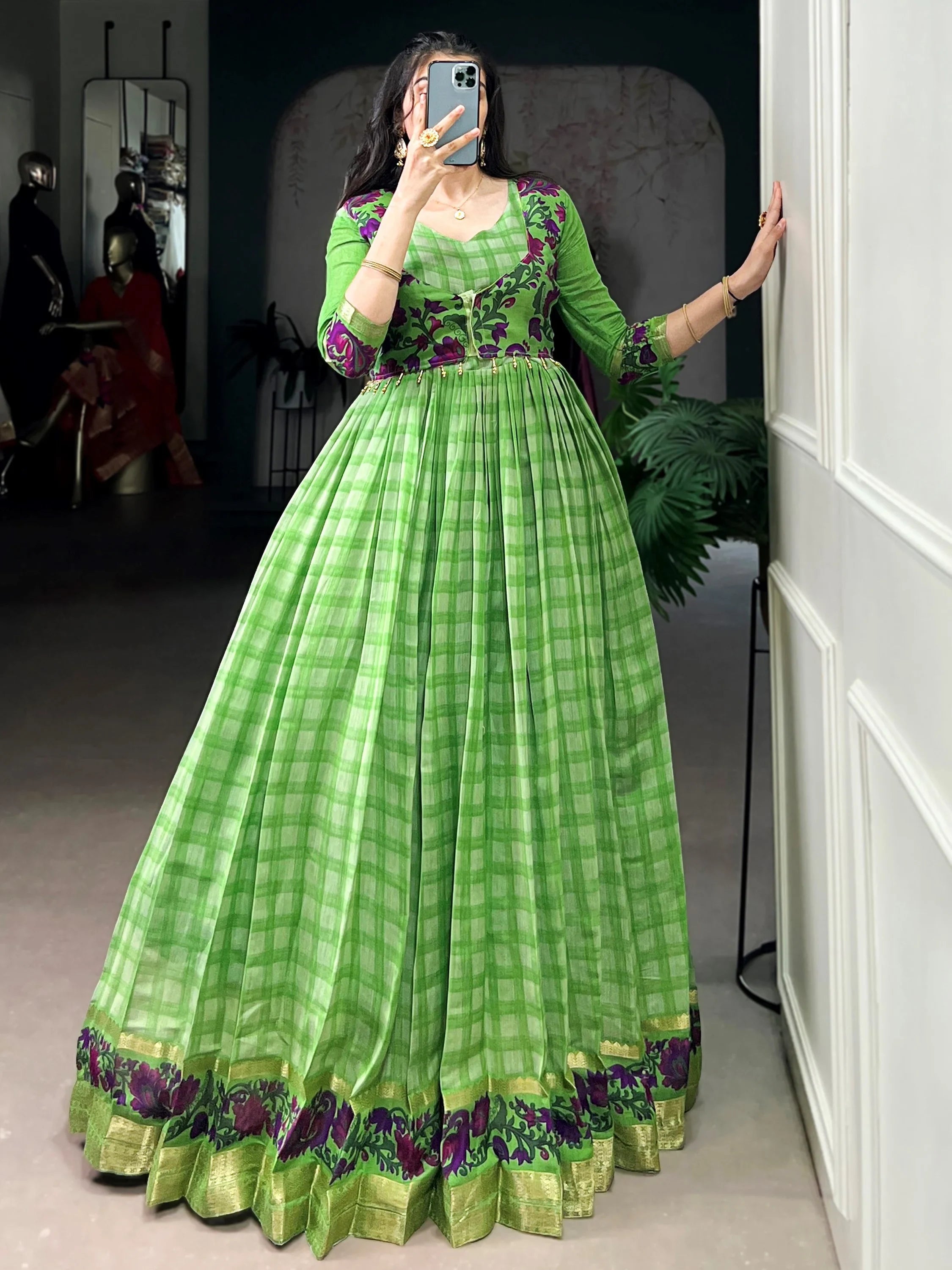 Stunning Green Printed Chanderi Event Wear Gown With Koti