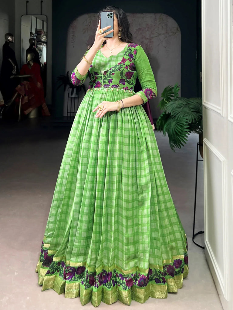 Stunning Green Printed Chanderi Event Wear Gown With Koti