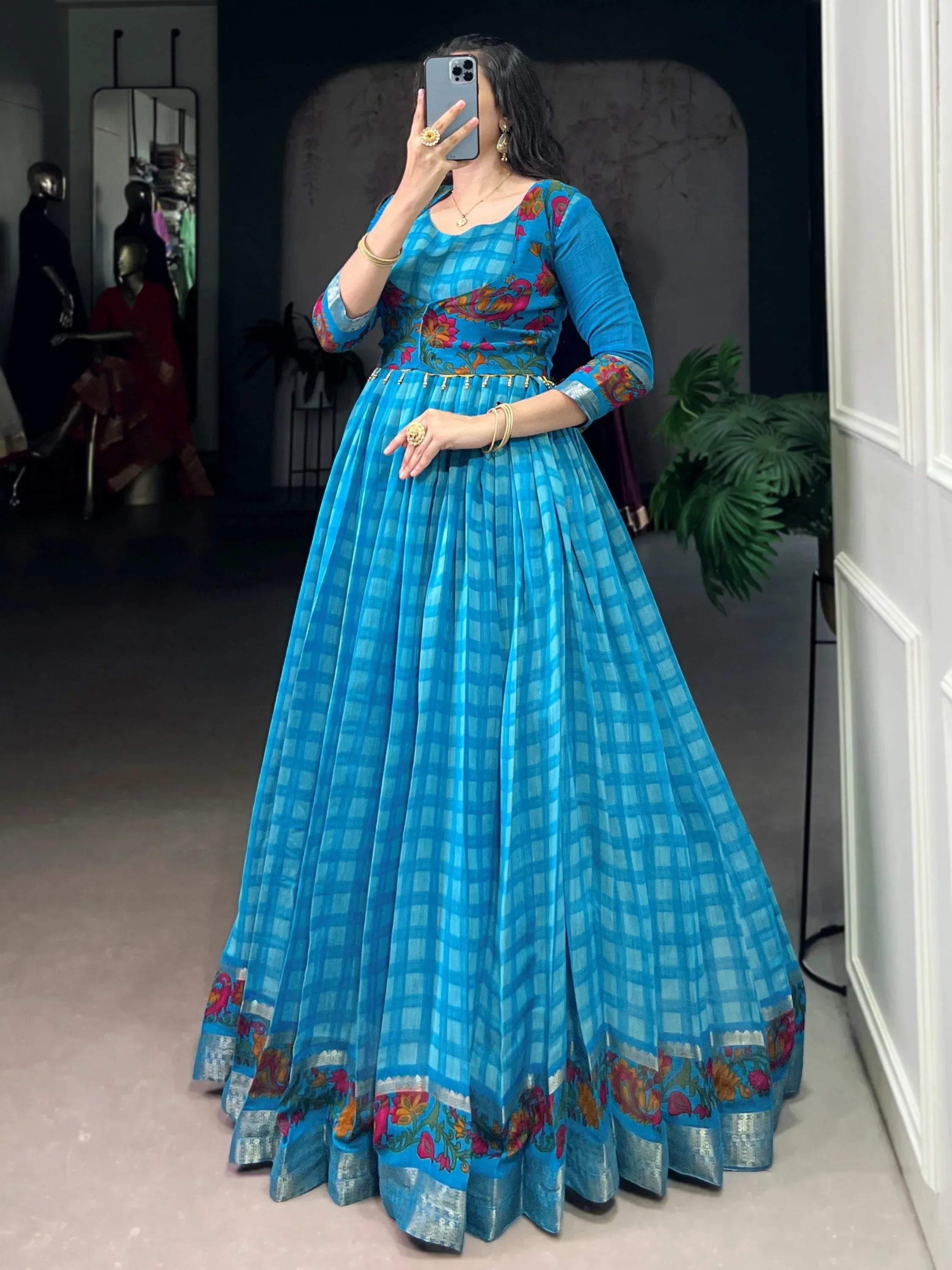 Fabulous Sky Blue Zari Weaving Chanderi Festive Wear Gown With Koti