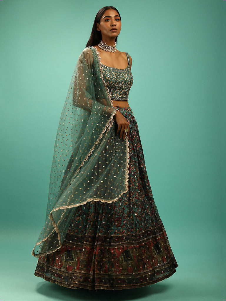 Charming Green Chinon Digital Print Designer Party Wear Lehenga Choli
