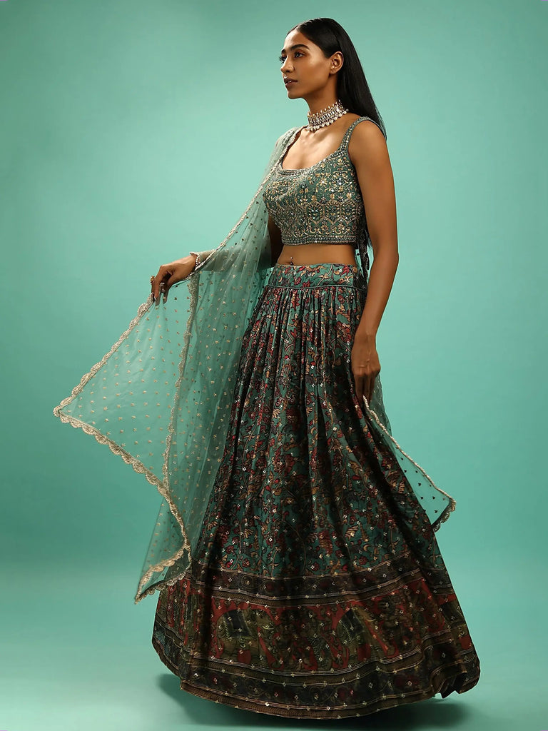 Charming Green Chinon Digital Print Designer Party Wear Lehenga Choli