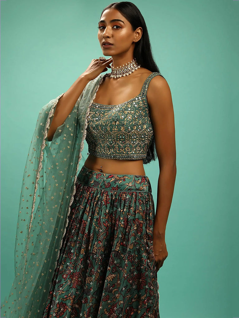 Charming Green Chinon Digital Print Designer Party Wear Lehenga Choli