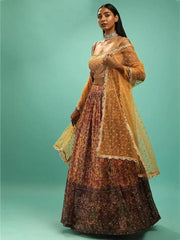Awesome Yellow Chinon Digital Print Designer Reception Wear Lehenga
