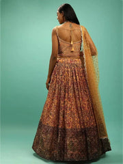 Awesome Yellow Chinon Digital Print Designer Reception Wear Lehenga