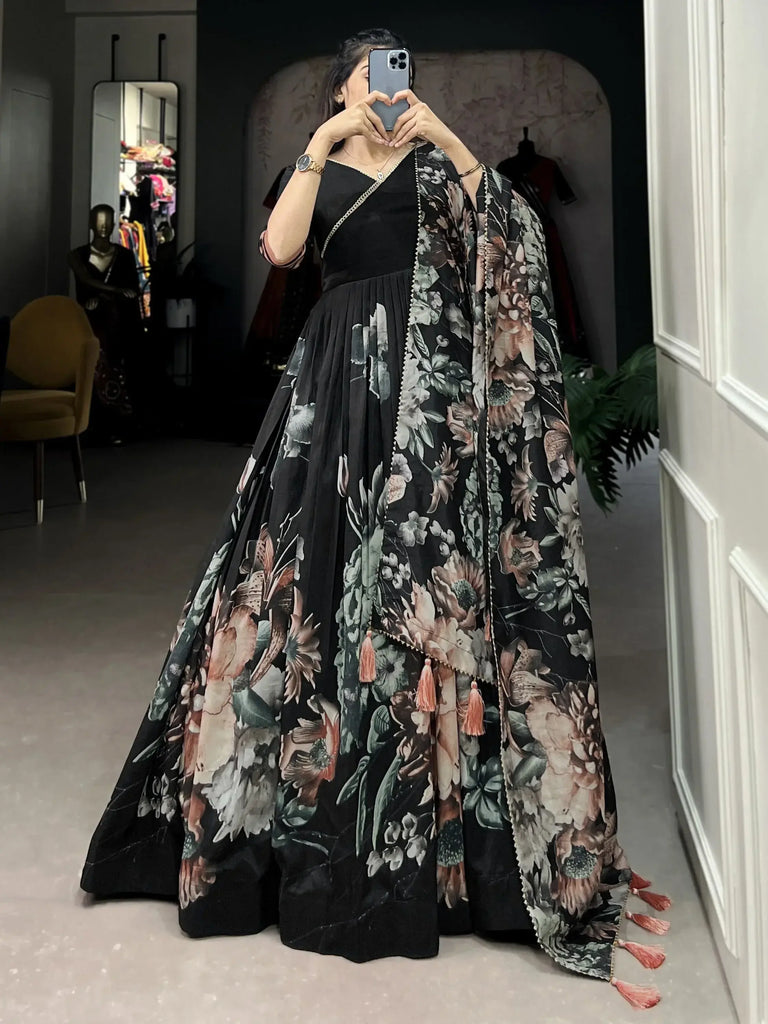 Spectacular Black Floral Printed Silk Function Wear Gown With Dupatta