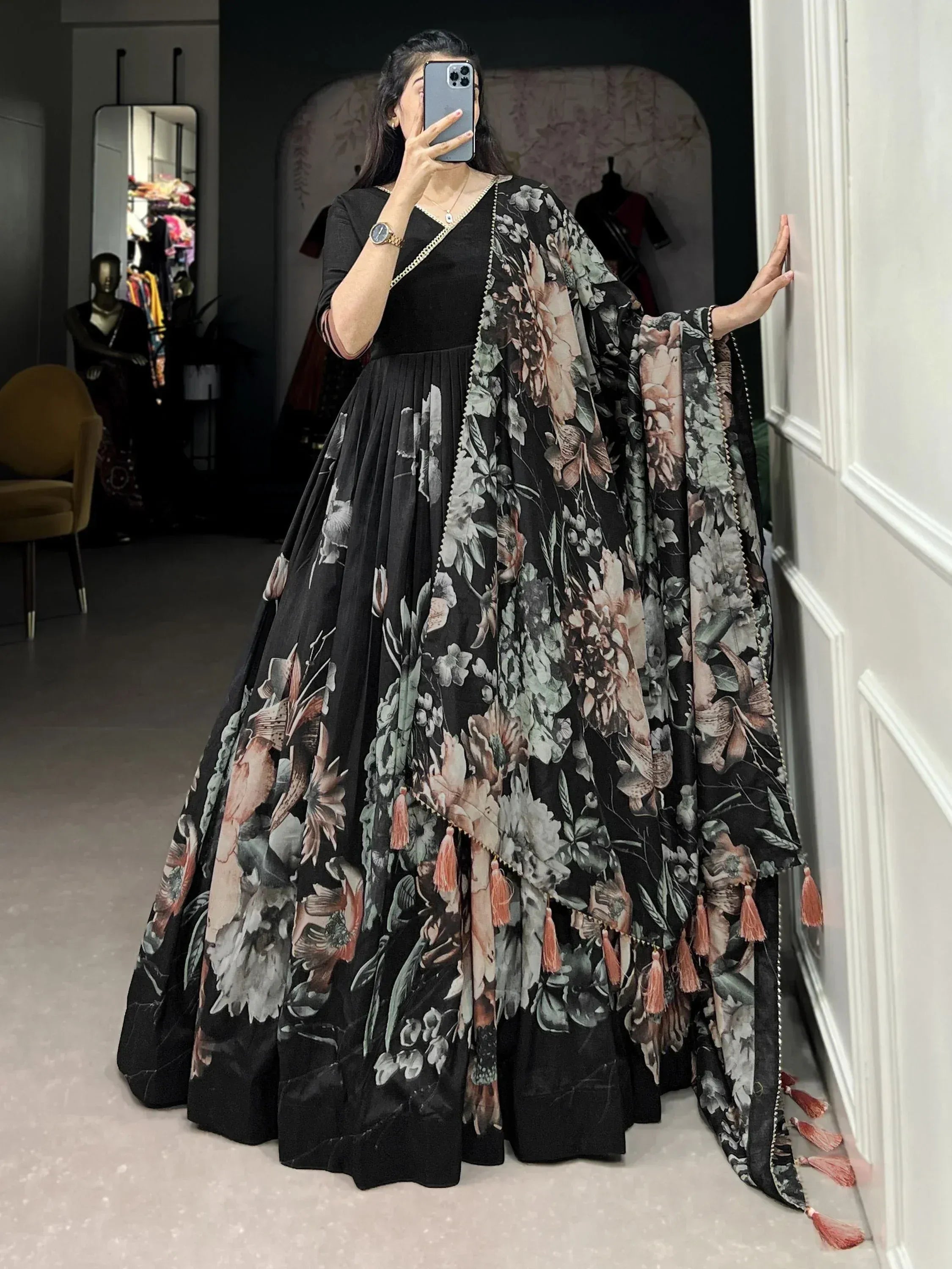 Black floral print anarkali gown with tassels, ethnic Indian wear for women