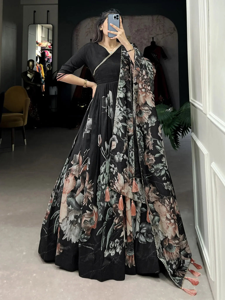 Spectacular Black Floral Printed Silk Function Wear Gown With Dupatta