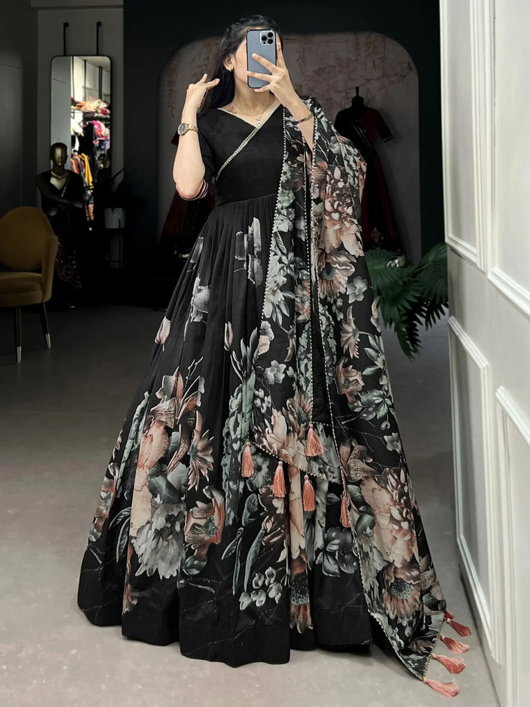 Spectacular Black Floral Printed Silk Function Wear Gown With Dupatta